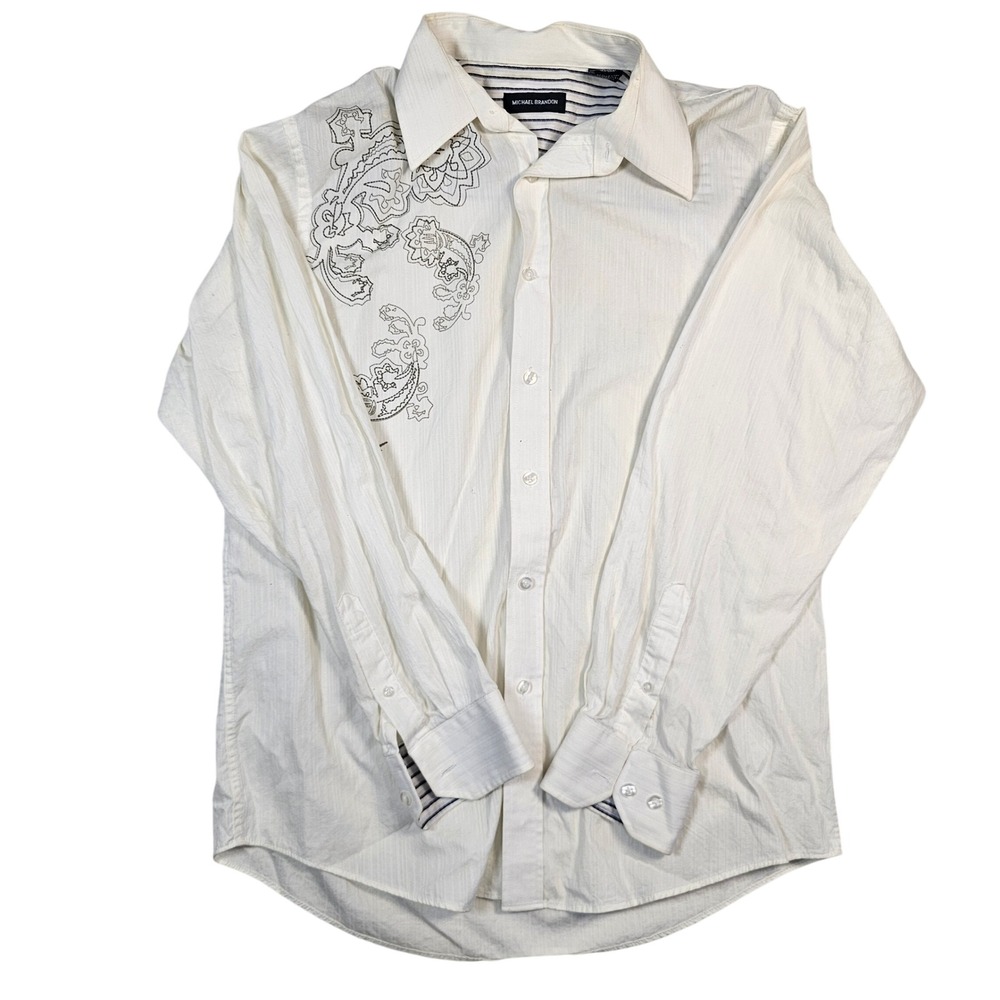 Michael Brandon Mens Large White Embroidered Paisley Button DownShirt Cotton L/S